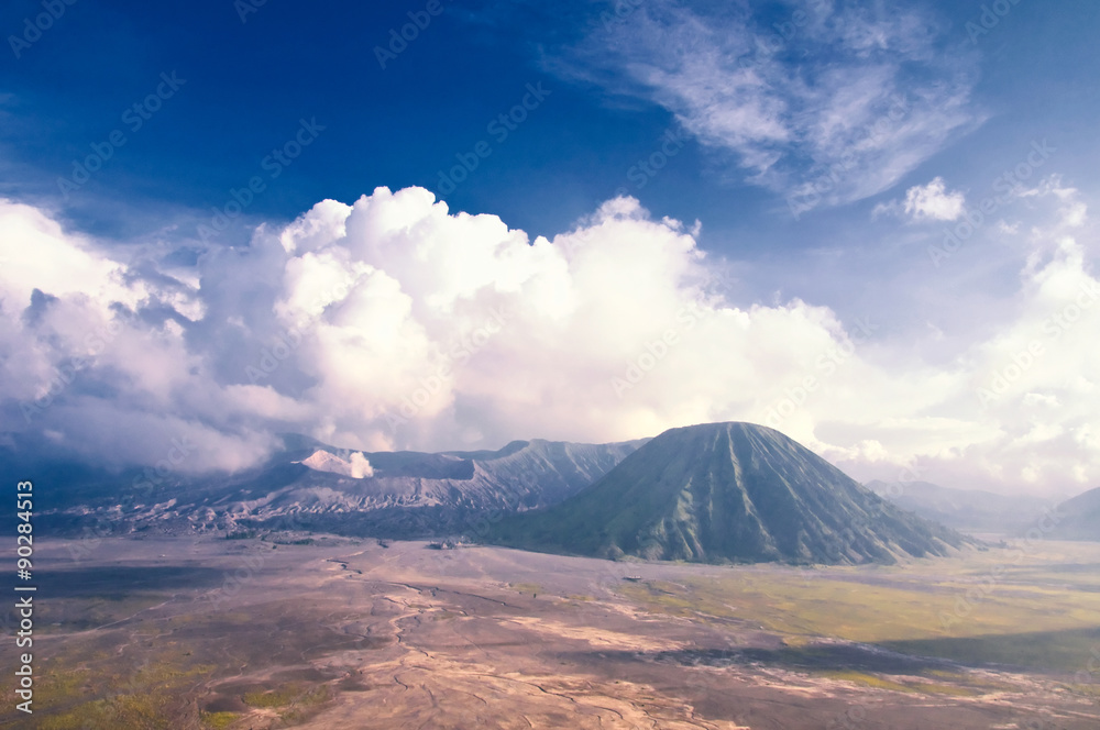 Mount Bromo volcano during sunrise, the magnificent view of Mt. Bromo located in Bromo Tengger Semeru National Park, East Java, Indonesia.