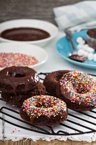 Homemade baked chocolate donuts