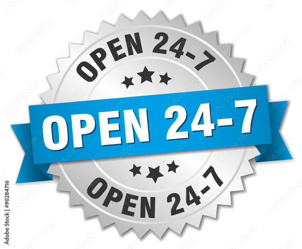 open 24 7 3d silver badge with blue ribbon open 24 7 3d silver badge with blue ribbon