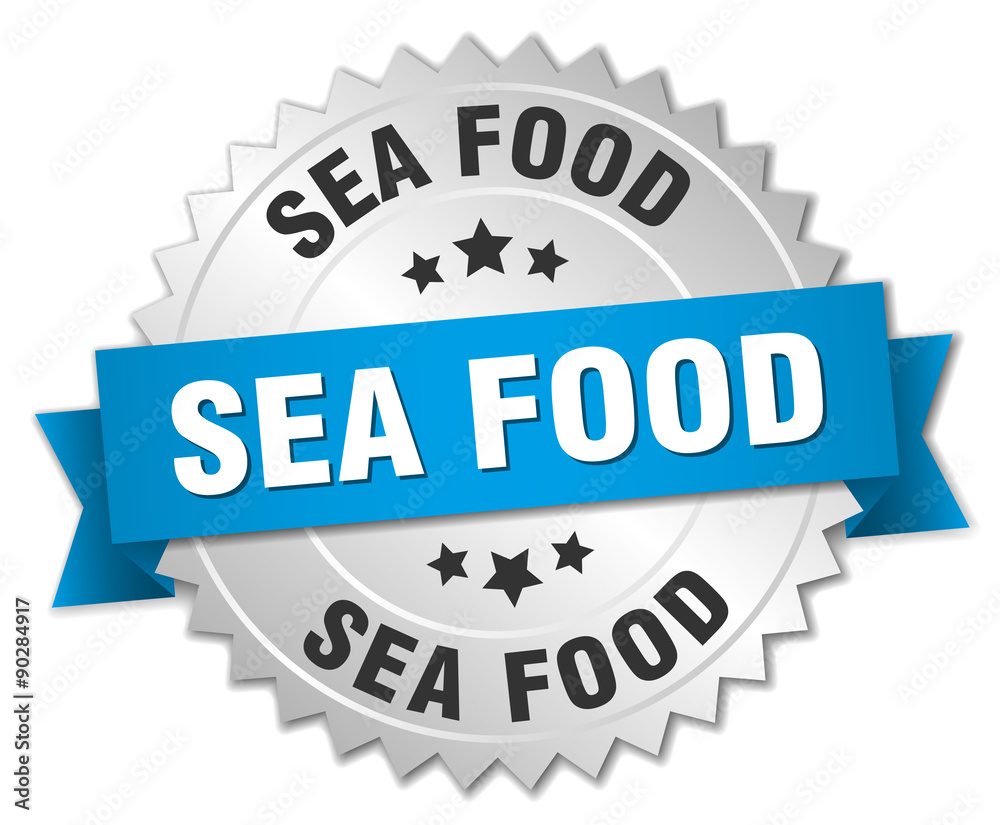 sea food 3d silver badge with blue ribbon sea food 3d silver badge with blue ribbon