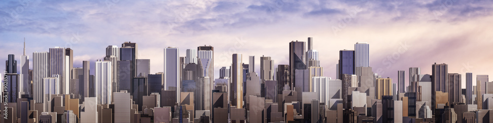 Day city panorama / 3D render of daytime modern city under bright sky