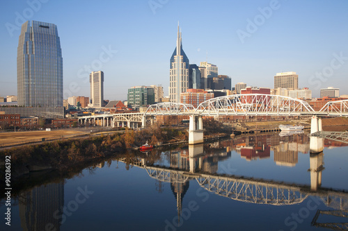 Nashville Skyline  Tennessee and the Cumberland River with river reflection.