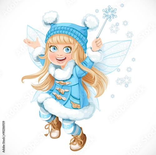 Cute little winter fairy girl in a blue coat with a Magic wand i