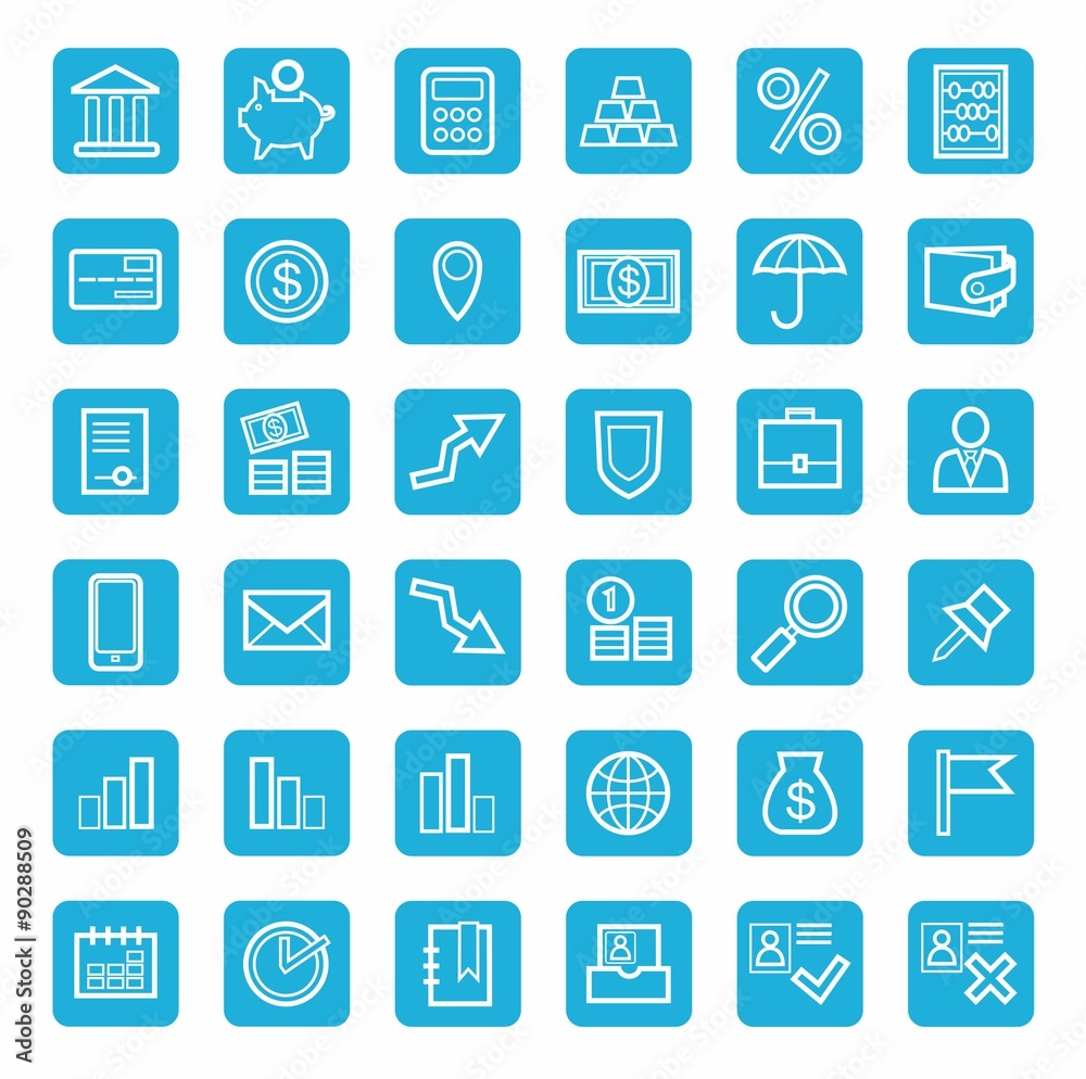 Icons, banking, Finance, currency, money, service, white outline, blue background. 