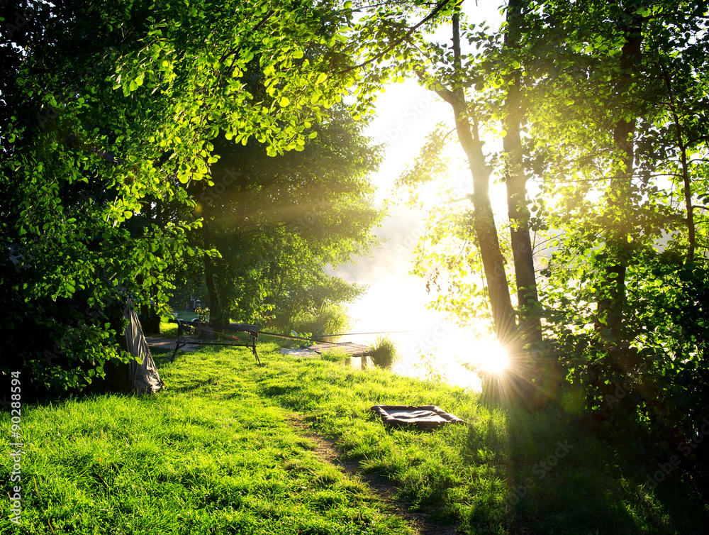 Obraz premium Fishing rod and landscape