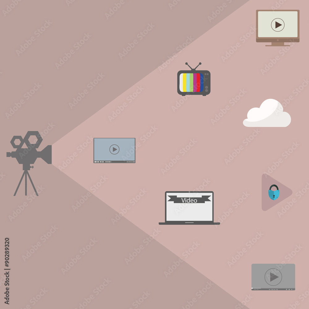 Set the video icons, player, laptop. online video broadcast Set the video icons, player, laptop. online video broadcast