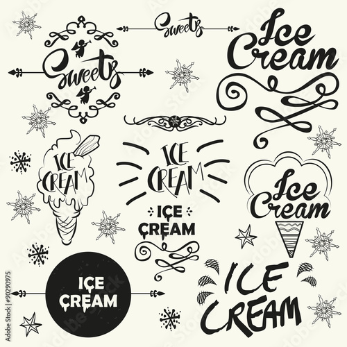 Set of vintage ice cream shop logo badges and labels. 
