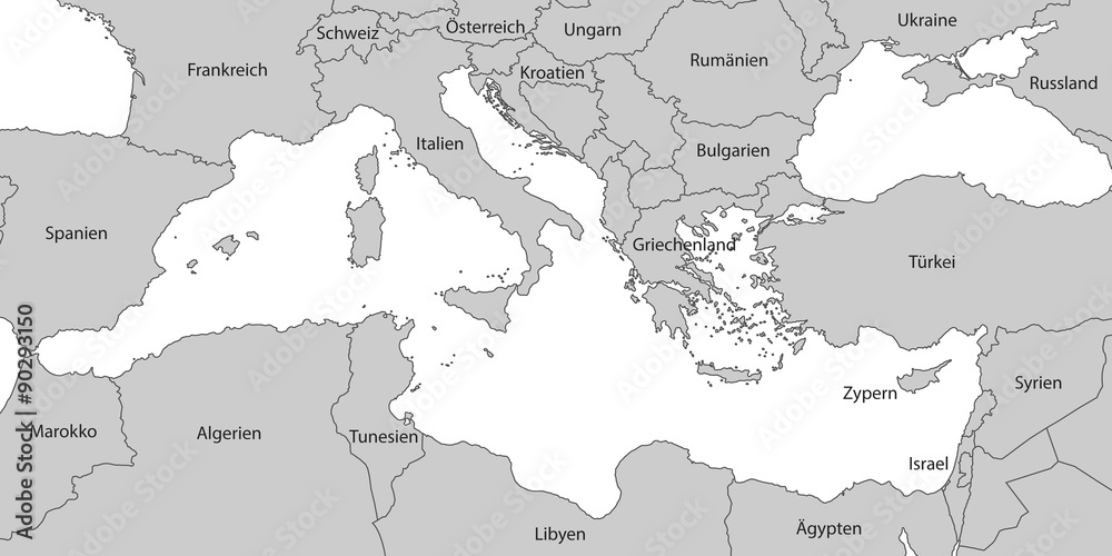 Mittelmeer - Karte in Grau (mit Beschriftung) Stock-Vektorgrafik