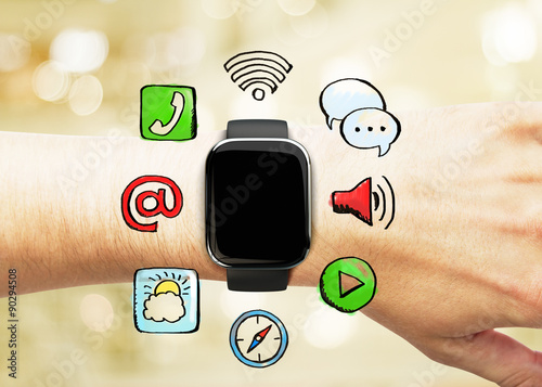 Smart watch on a man's hand with social media icons, concept