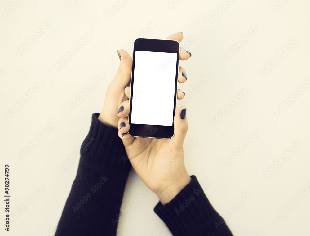 Blank cell phone and girl hands, mock up Blank cell phone and girl hands, mock up