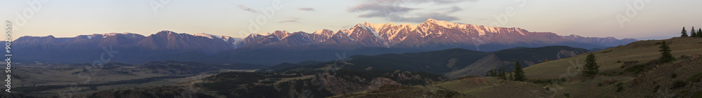 Panorama Kurai steppe and North Chuya ridge at dawn.