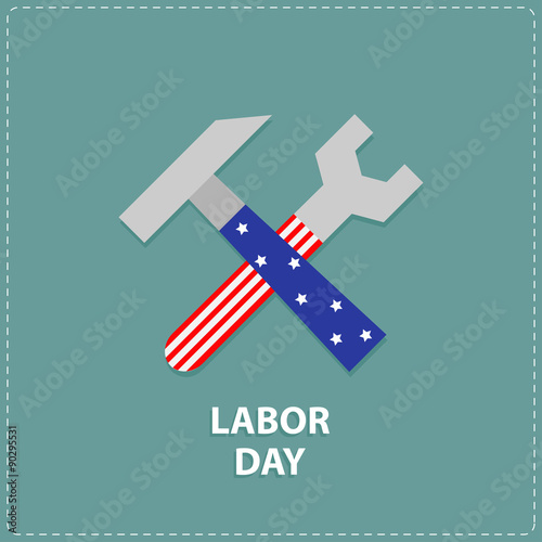 Labor day Wrench key and hammer icon with star stip Flat design