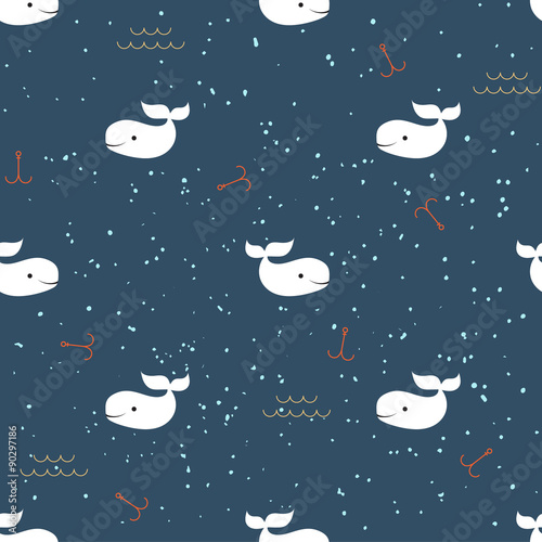 Seamless background with  cartoon whales.