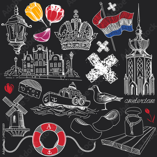 Symbols of Amsterdam in Chalkboard Doodle Style