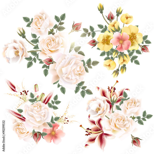 Collection of realistic flowers roses and lilies