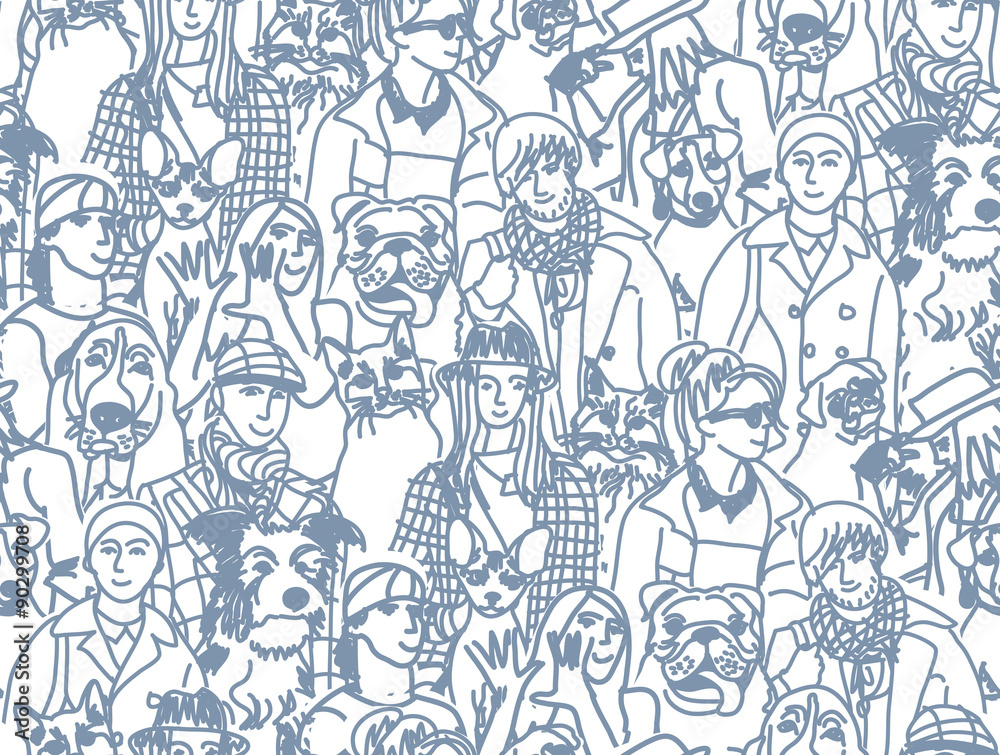 Big group people and pets gray seamless pattern