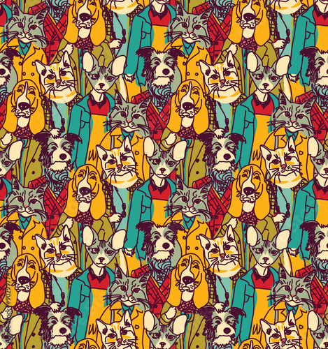 Crowd people like cats and dogs seamless pattern