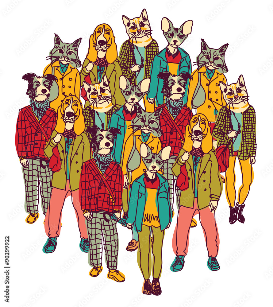 Standing group people with cats and dogs heads