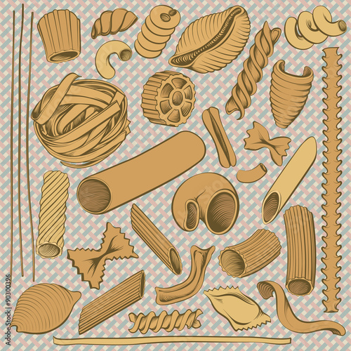 Set of Drawings Different Kinds of Pasta on Motley Background