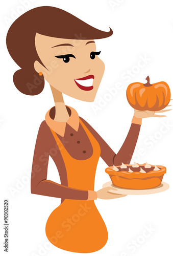 Young lady holding freshly baked homemade pumpkin pie