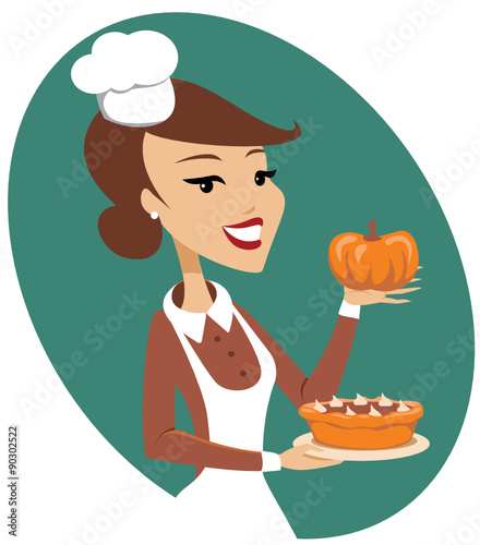 Young lady holding freshly baked homemade pumpkin pie