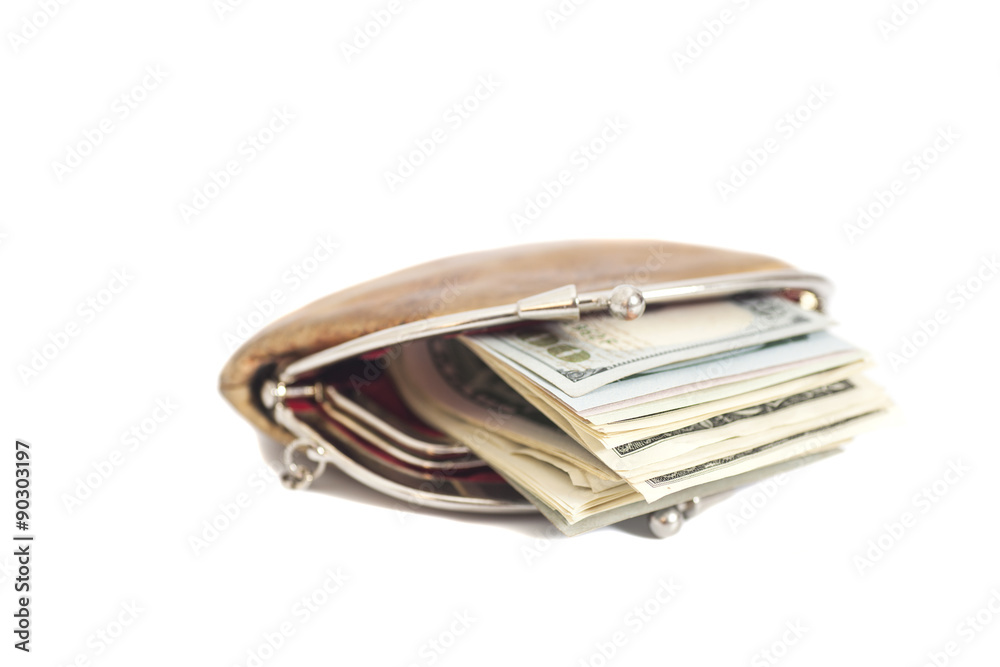Purse with Dollar Bills isolated on white Purse with Dollar Bills isolated on white