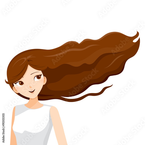 Long brown hair of young woman, blowing in the wind, hairstyles, beauty