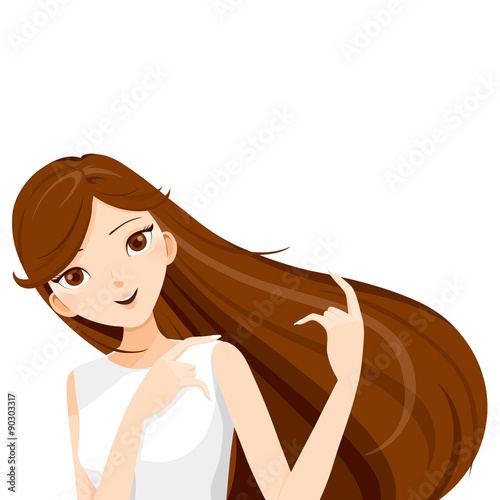 Long brown hair of young woman, blowing in the wind, hairstyles, beauty