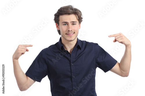 Handsome happy man pointing himself photo