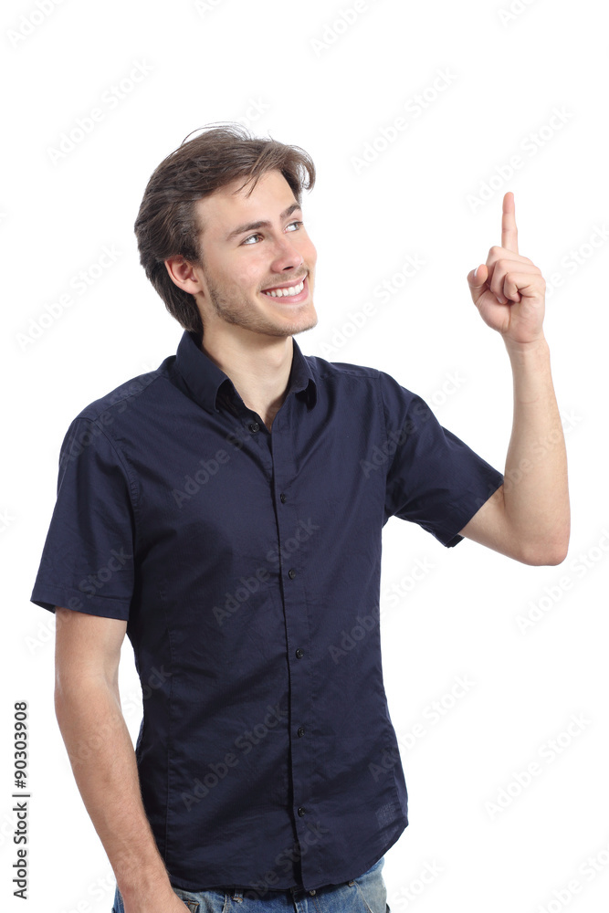 Presenter man pointing up and looking at side Presenter man pointing up and looking at side
