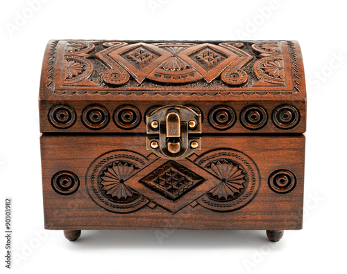Oak wood carved casket handmade isolated on white