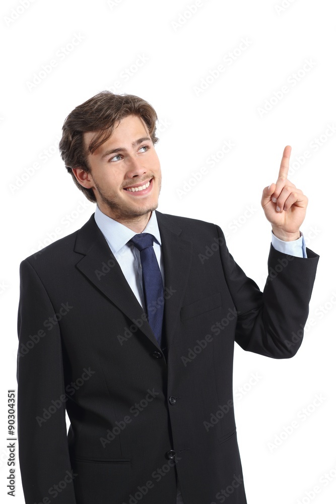 Young happy businessman presenting and pointing at side Young happy businessman presenting and pointing at side