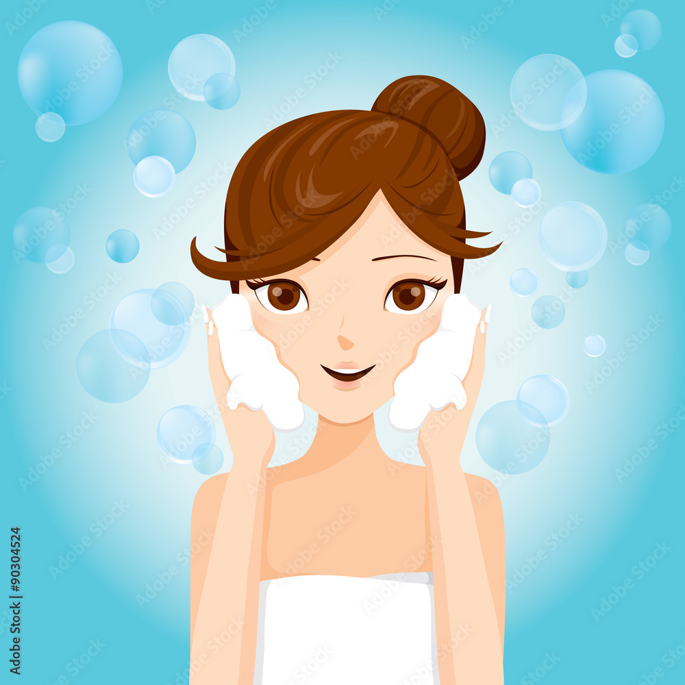 Young woman washing face with foam, facial, beauty, cosmetic, makeup, health, lifestyle Young woman washing face with foam, facial, beauty, cosmetic, makeup, health, lifestyle