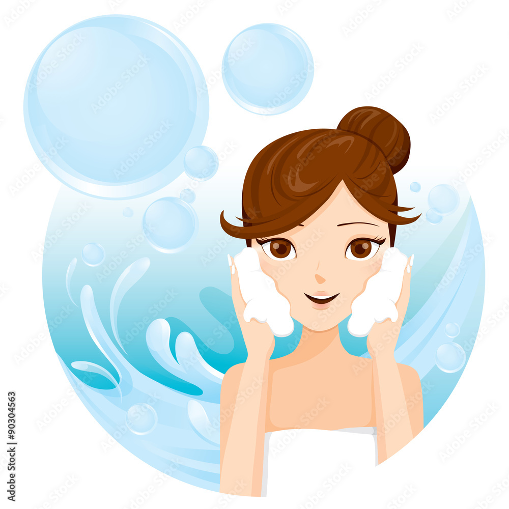 Young woman washing face with foam, facial, beauty, cosmetic, makeup, health, lifestyle Young woman washing face with foam, facial, beauty, cosmetic, makeup, health, lifestyle