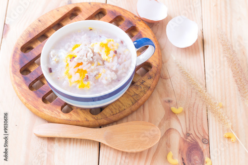 Healthy rice soup, congee mixed with pork and eggs