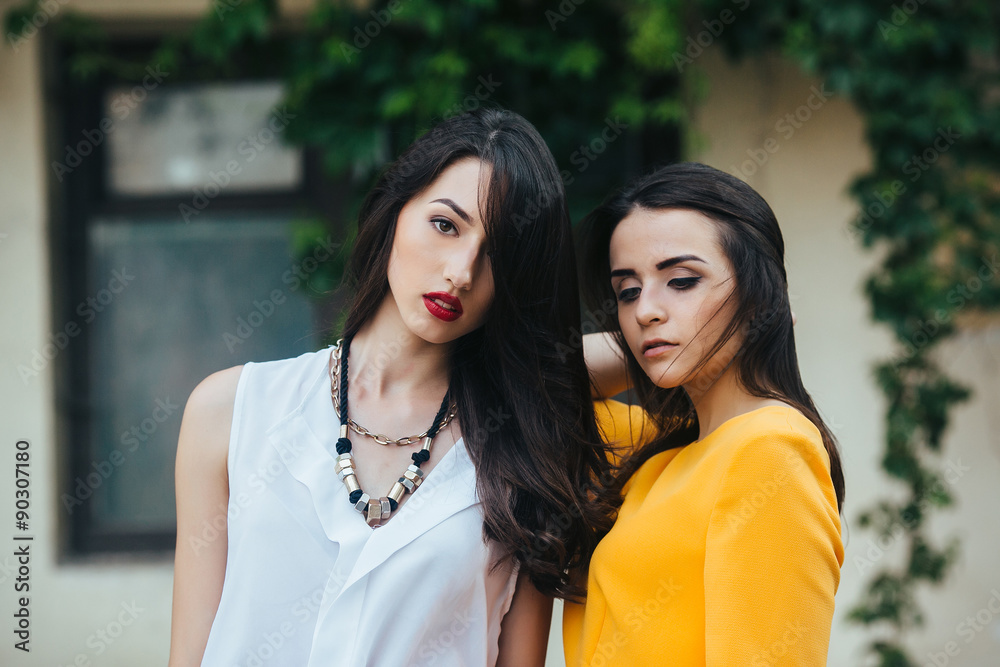 Two beautiful friends pose on white background Two beautiful friends pose on white background