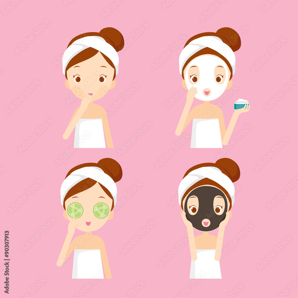 Girl cares and protects her face with various actions, facial, treatment, beauty, healthy, hygiene, lifestyle, set Girl cares and protects her face with various actions, facial, treatment, beauty, healthy, hygiene, lifestyle, set