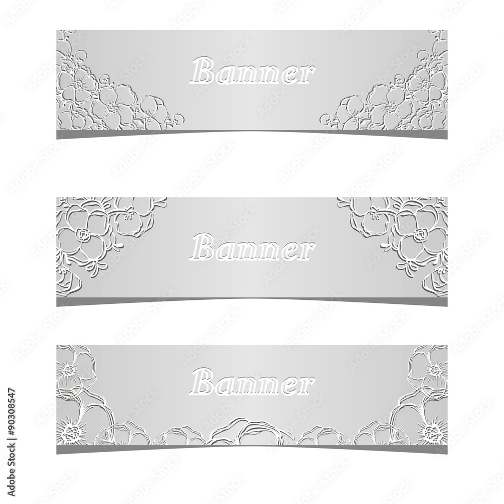 Three banners with black and white flowers Three banners with black and white flowers