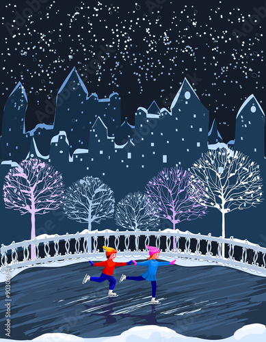 Kids are skating. Urban winter landscape. Boy and girl skating o