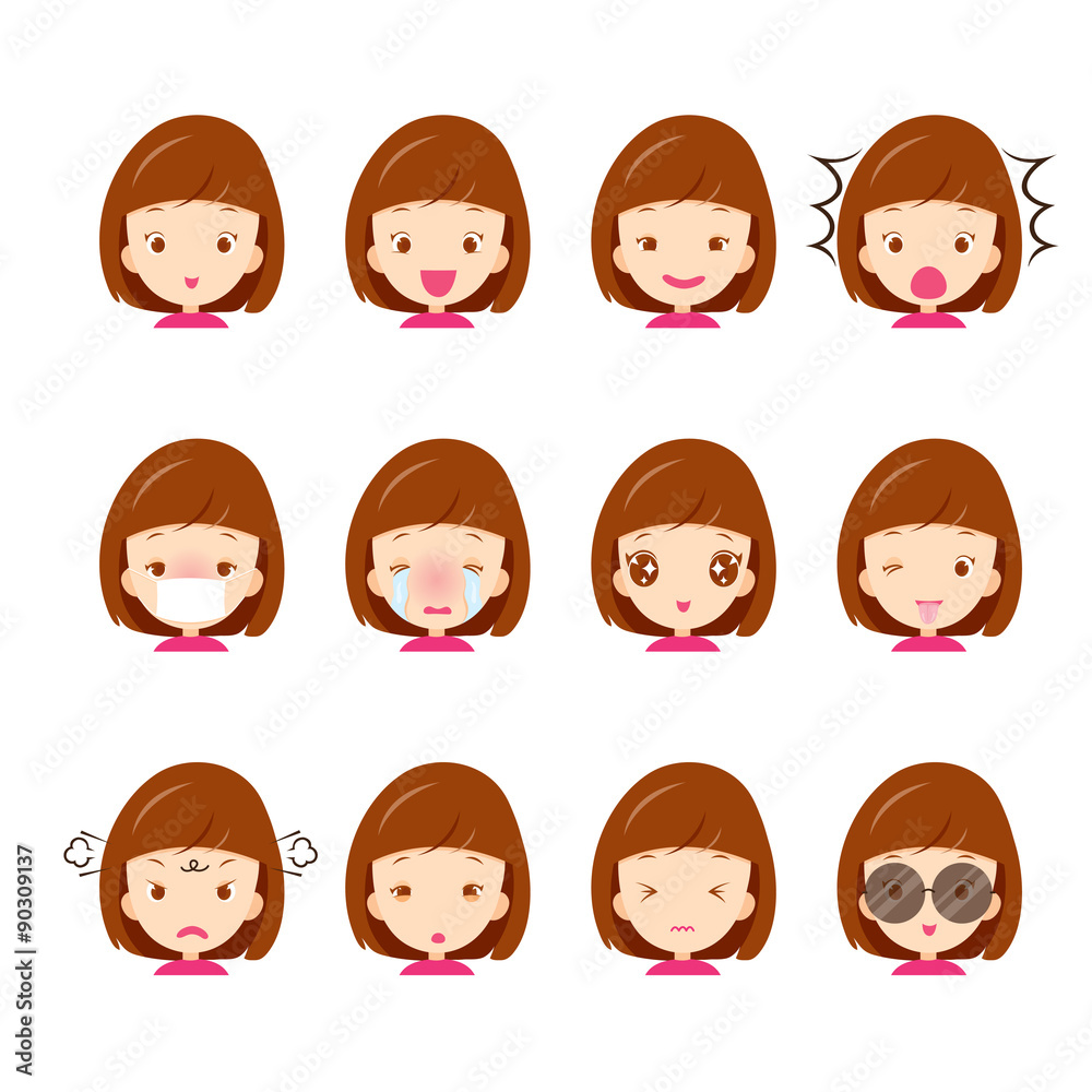 Emoticon icons set of cute girl with various emotions, emoji, facial, feeling, mood, personality, symbol Emoticon icons set of cute girl with various emotions, emoji, facial, feeling, mood, personality, symbol