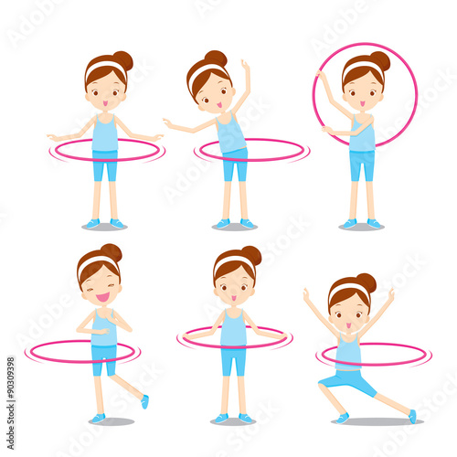 Cute girl with hula hoop twirling actions set, healthy, nutrition, medicine, mental and physical health, sport, daily routine