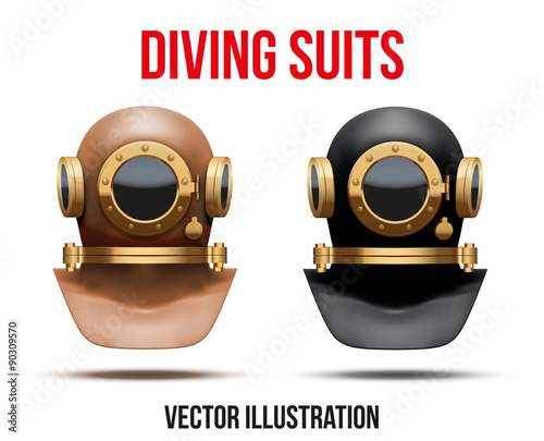 Set of Underwater diving suit helmet. Vector Illustration