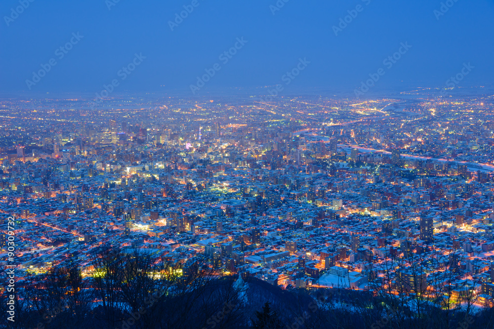 Obraz premium Sapporo at dusk, view from Observatory of Mt.Moiwa
