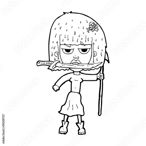 cartoon woman with knife and harpoon