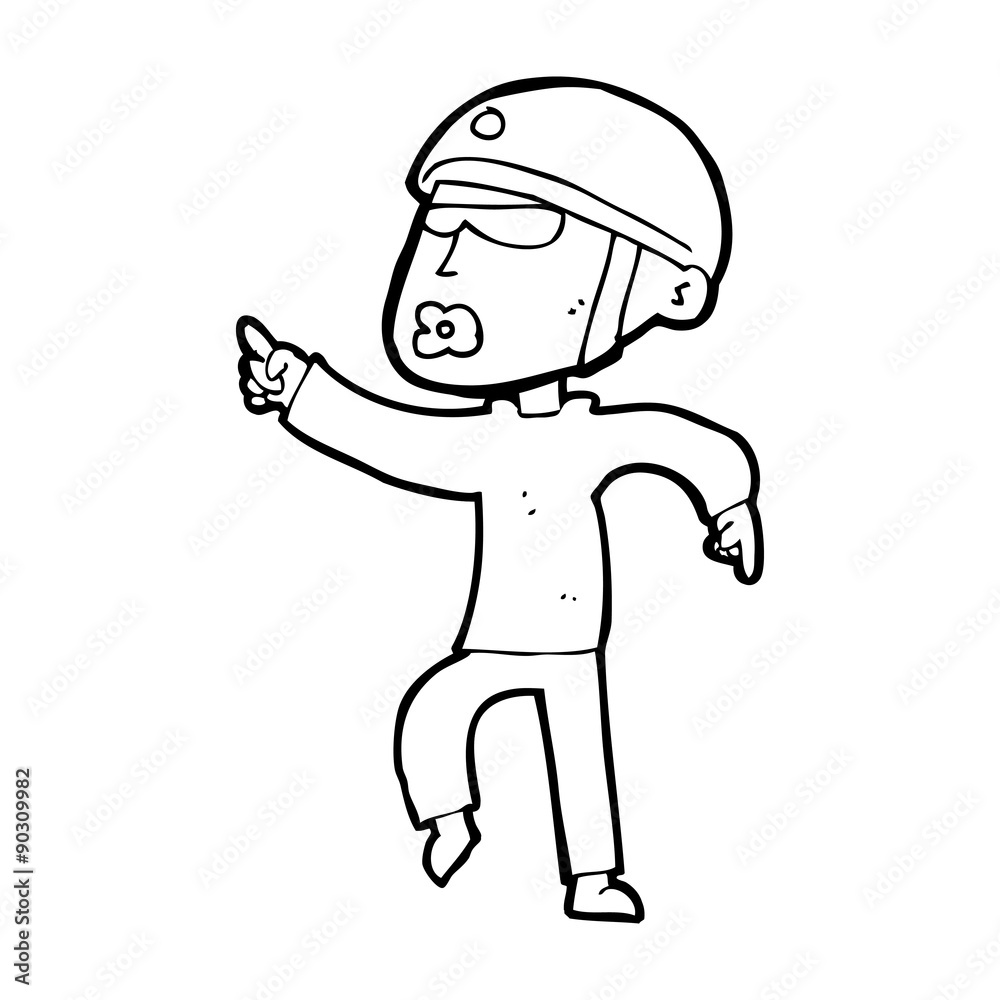 cartoon man in bike helmet pointing