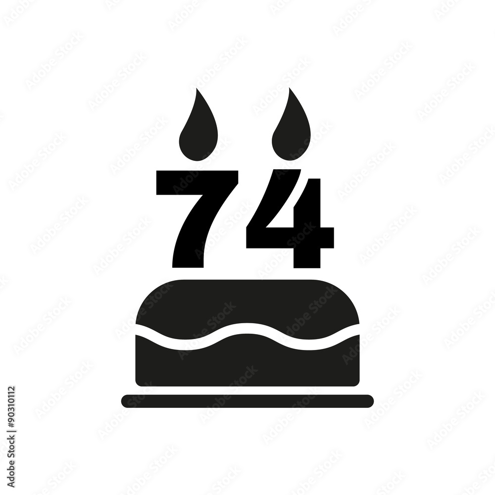 The birthday cake with candles in the form of number 74 icon. Birthday symbol. Flat The birthday cake with candles in the form of number 74 icon. Birthday symbol. Flat