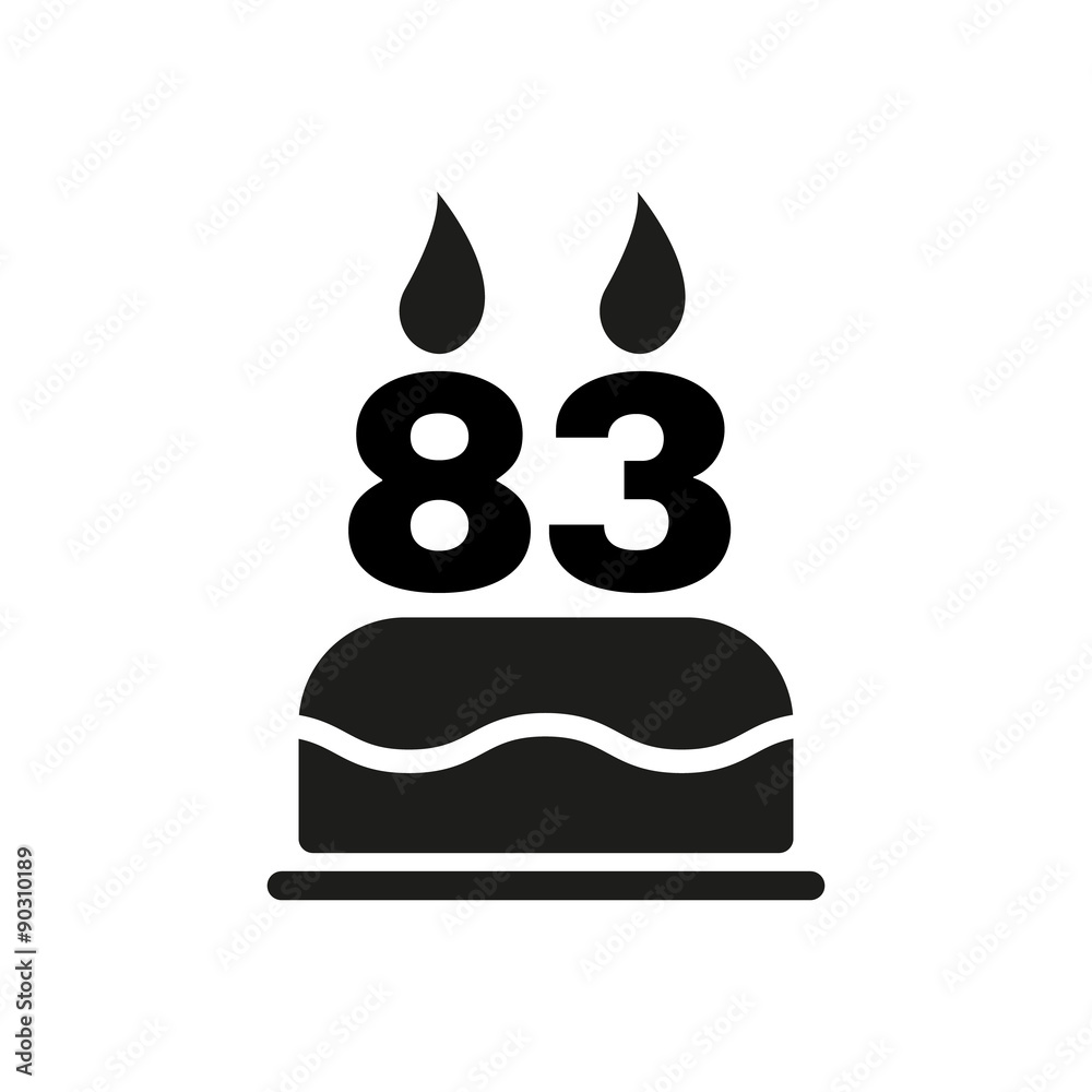 The birthday cake with candles in the form of number 83 icon. Birthday symbol. Flat The birthday cake with candles in the form of number 83 icon. Birthday symbol. Flat