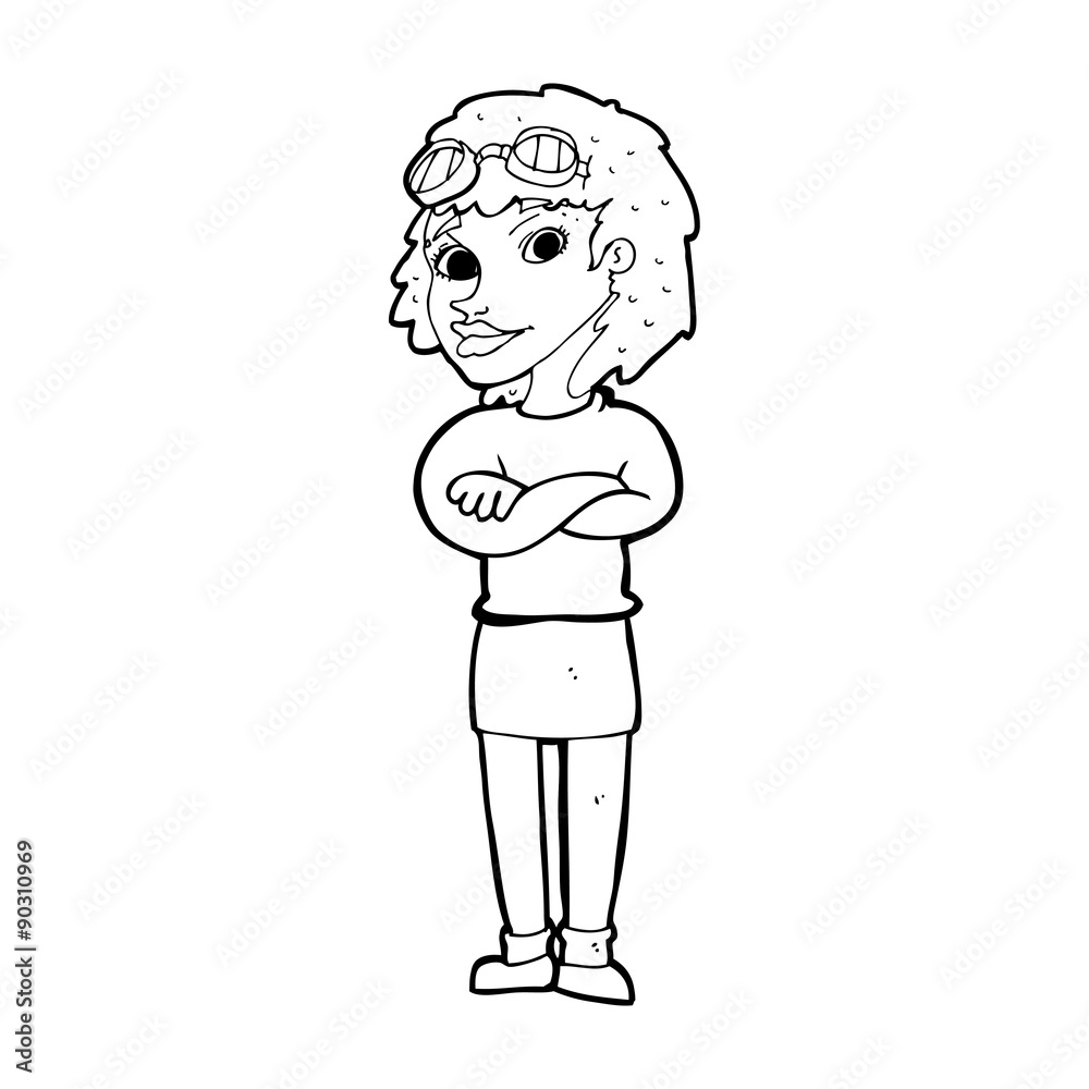 cartoon woman with crossed arms and safety goggles cartoon woman with crossed arms and safety goggles