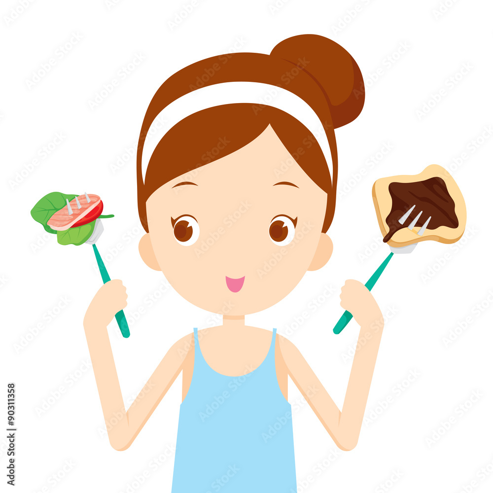 Useful and useless food, choices for girl choosing to eat, healthy, organic, nutrition, medicine, mental and physical health, category