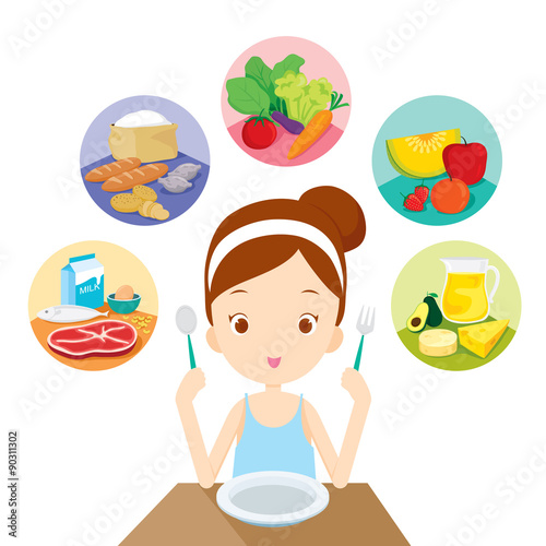 Cute girl ready to eat the 5 food groups, healthy, organic, nutrition, medicine, mental and physical health, category